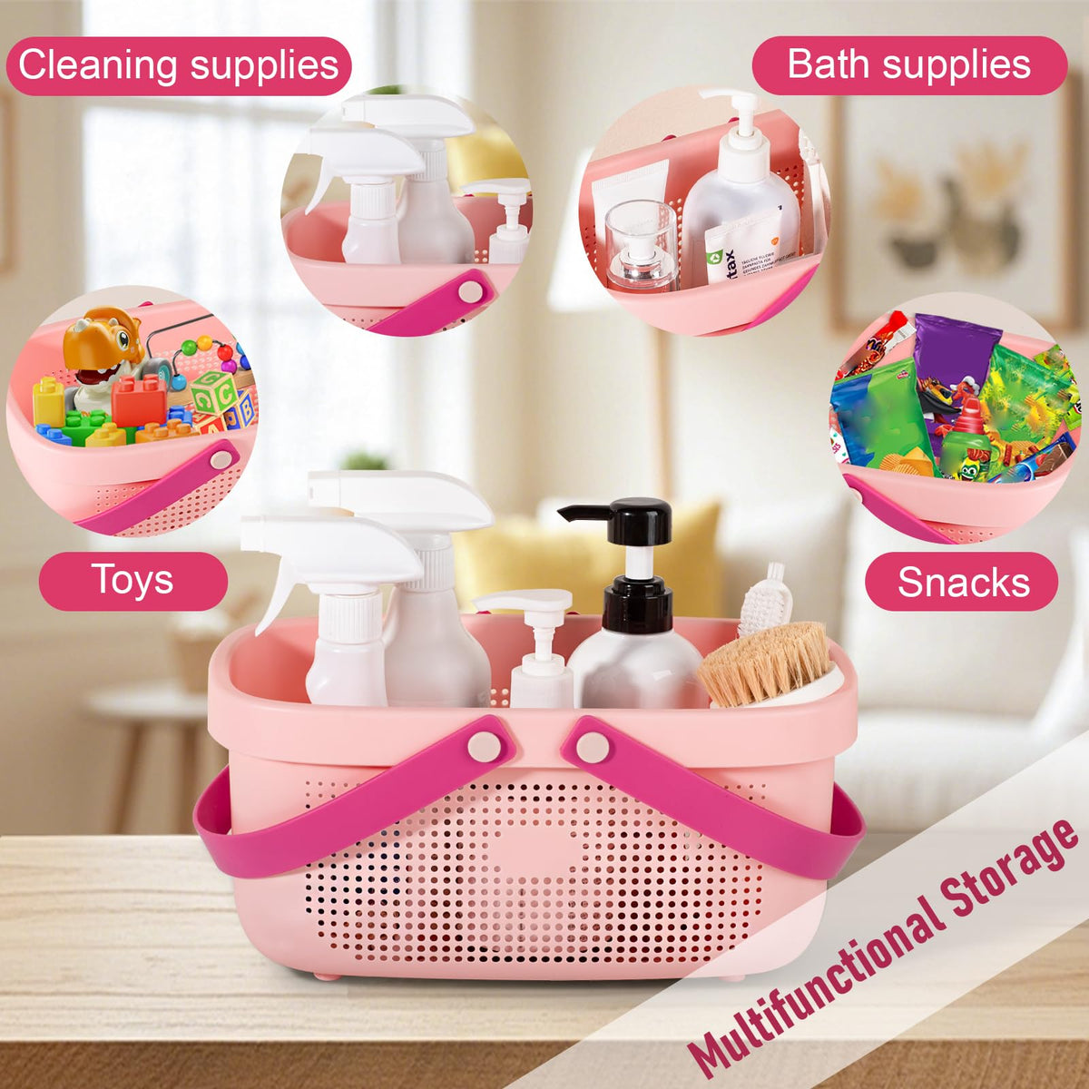 Portable Shower Caddy Basket with Handles Plastic Storage Basket Light Pink