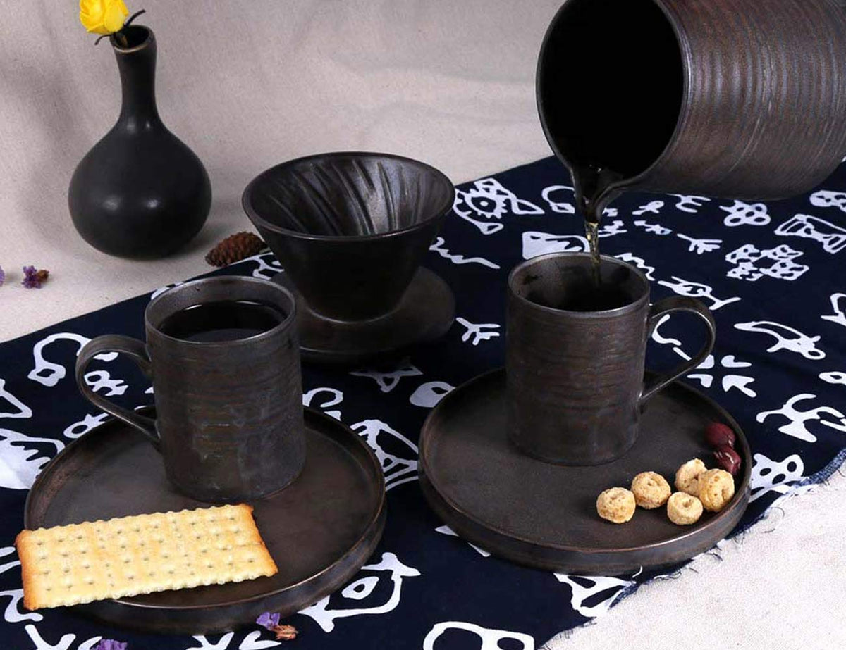Handmade Stoneware Pour Over Drip Coffee Maker & Cups Set