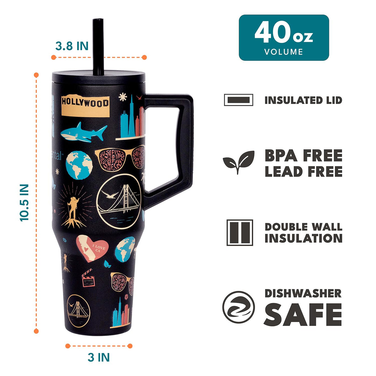 Spill Proof 40oz Insulated Tumbler with Handle & Straw Travel Mug