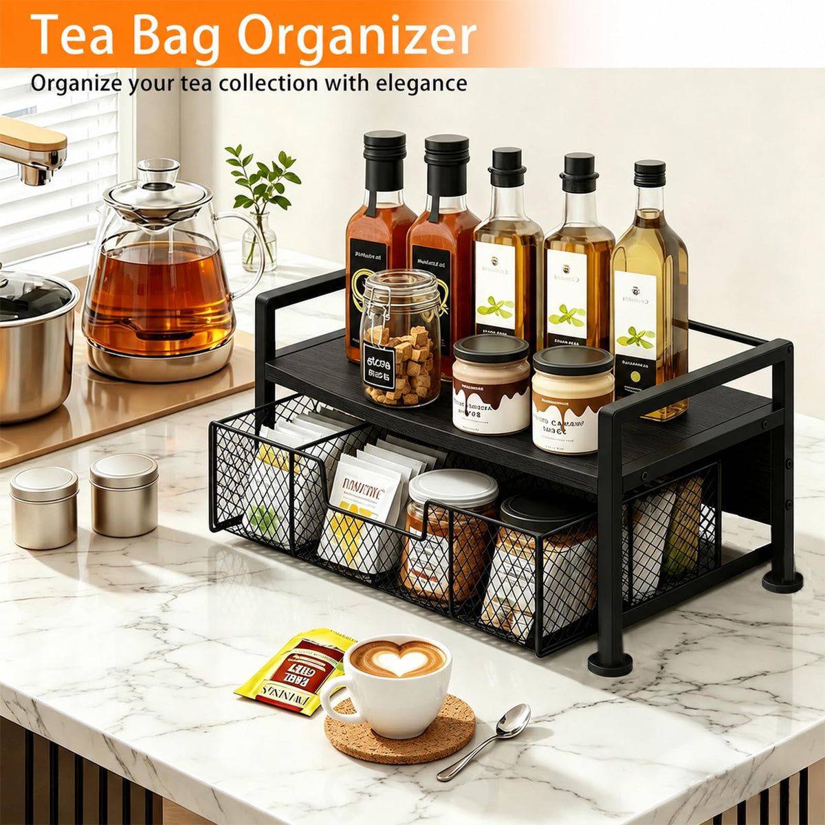 Tea Bag Organizer with Drawer and Tray