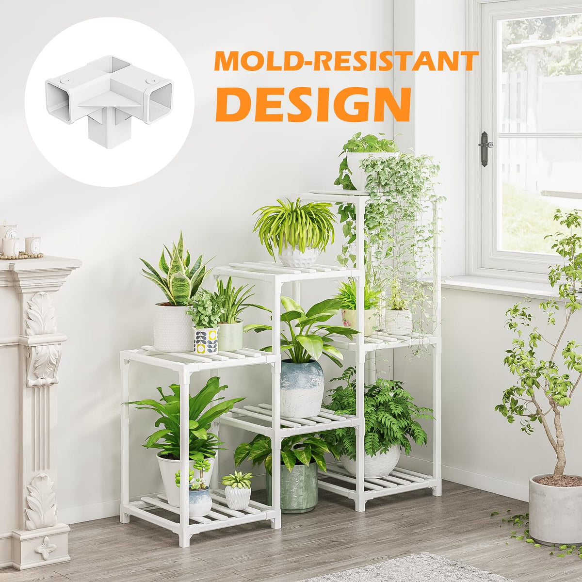 Indoor Plant Stand Outdoor White Shelf Bamboo Plant Table for Multiple Plants 3 Tiers 7 Pots Ladder Holder Pot Window Garden Balcony Living Room