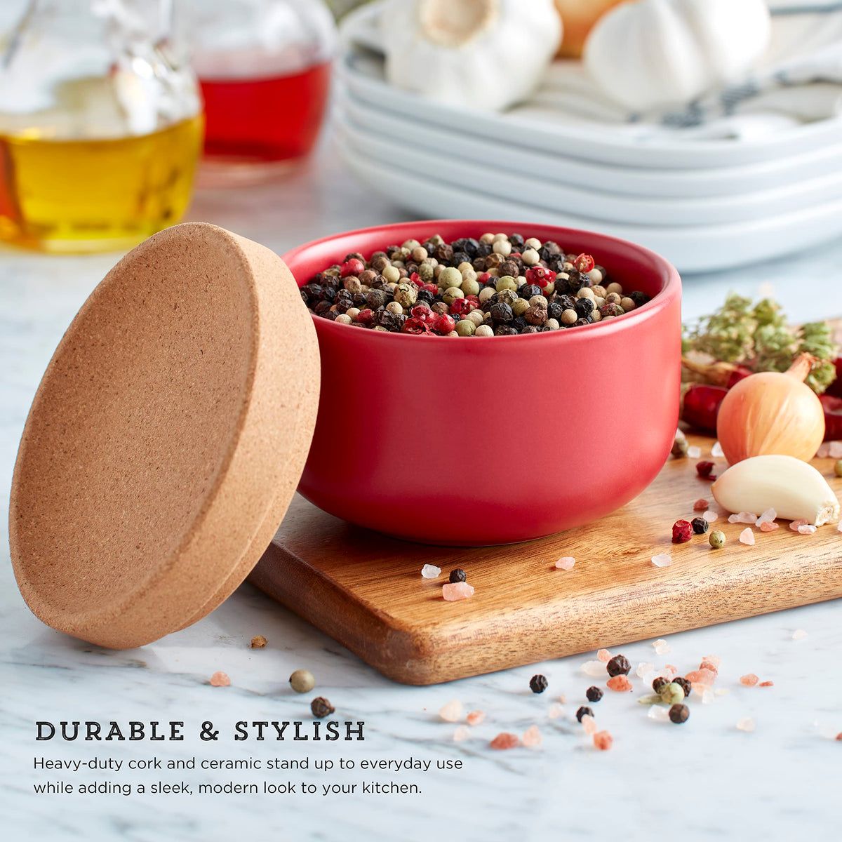 Ceramic and Cork Salt Pig with Easy Lift Lid for Easy Access