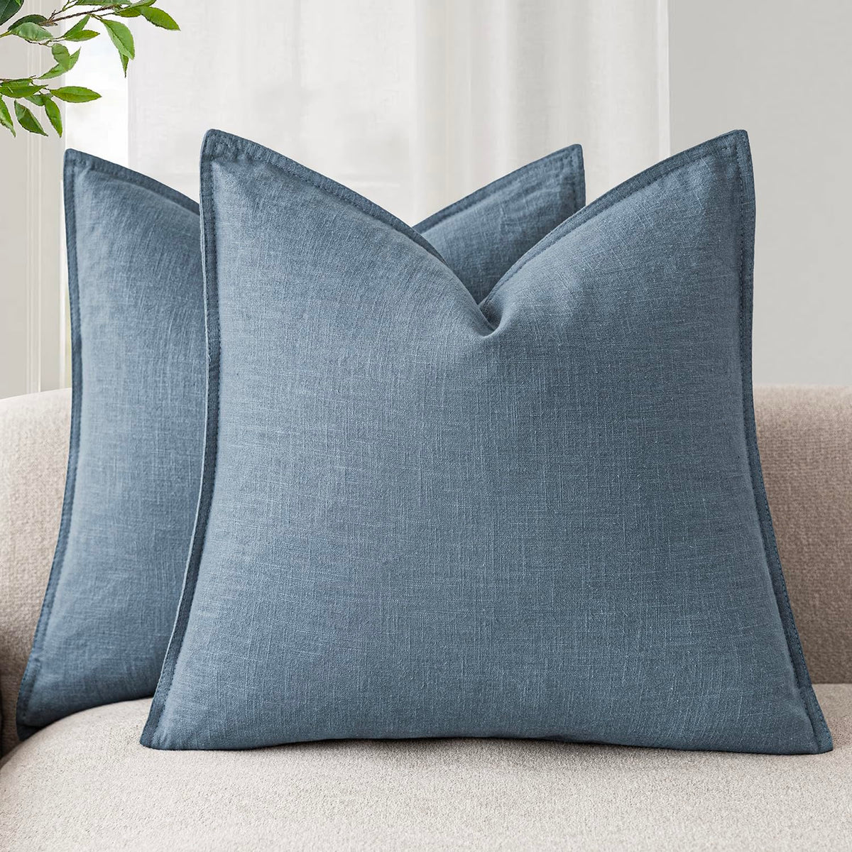 Set of 2 Decorative Linen Solid Throw Pillow Covers Soft Accent Euro Cushion Case Boho Farmhouse Neutral Pillowcase for Couch Sofa Bedroom Living Room Home Decor 22 x 22 Inch Misty Blue (2 Count)