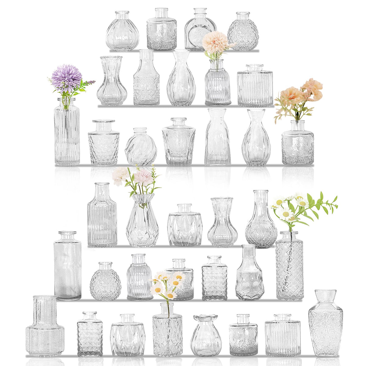 36Pcs Bud Vases Set Small Vintage Glass Bottles Clear Bud Vases in Bulk Multiple Shape Cute Glass Vases for Rustic Wedding Centerpieces Table Decorations and Home Decor (36 Count)
