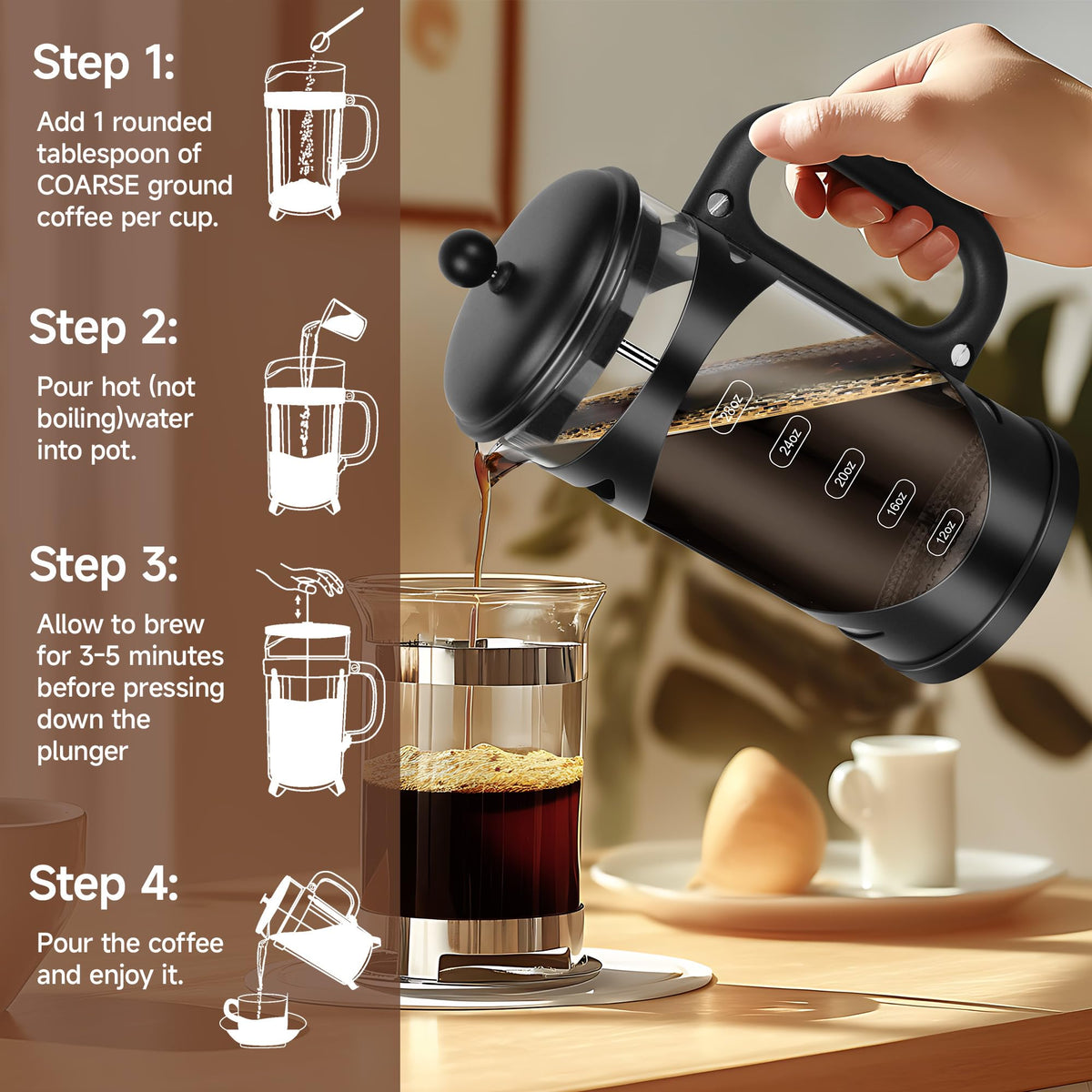 34 Ounce French Press Coffee Maker Black Stainless Steel Coffee Press