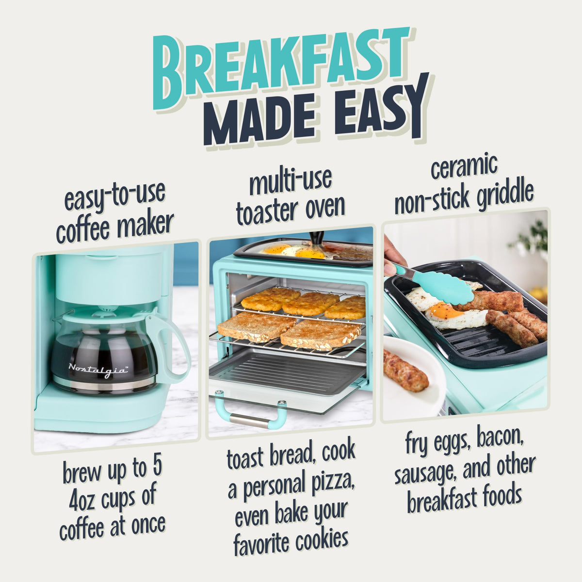 3-in-1 Retro Breakfast Station - Includes 5 (4 Oz) Cup Coffee Maker, Non-Stick Ceramic Griddle, and 4-Slice Toaster Oven - Built-In Timer, Reusable Coffee Filter, Space-Saving Design - Aqua