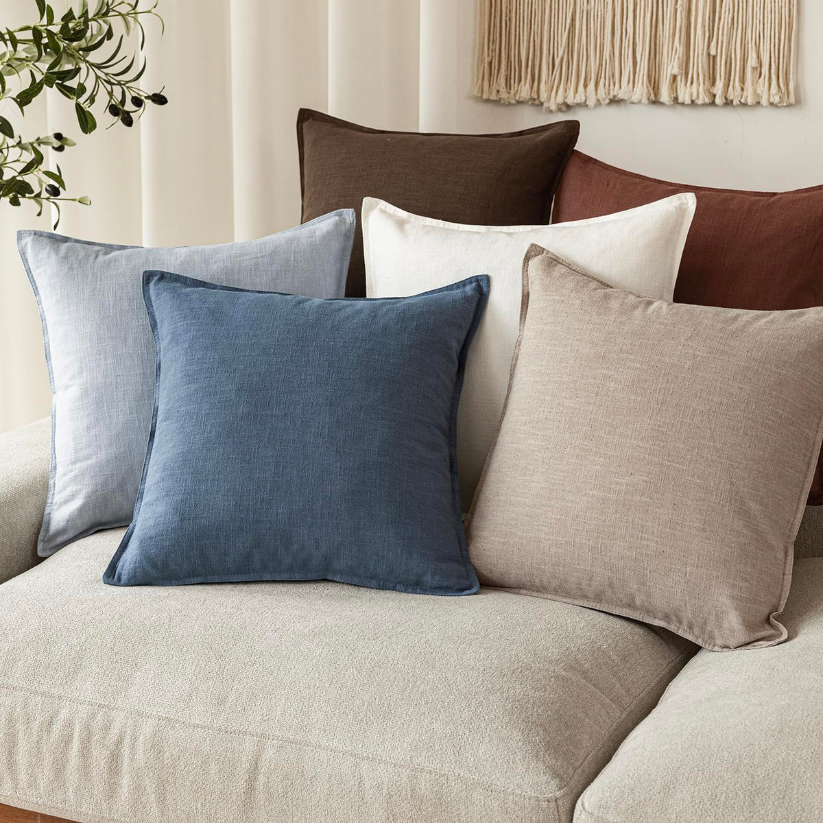 Pack of 2 Decorative Ramie Cotton Throw Pillow Covers Soft Accent Euro Cushion Case Farmhouse Neutral Pillowcase for Chair Couch Sofa Bedroom Living Room Home Decor 22 x 22 Inch Dark Blue (2 Count)