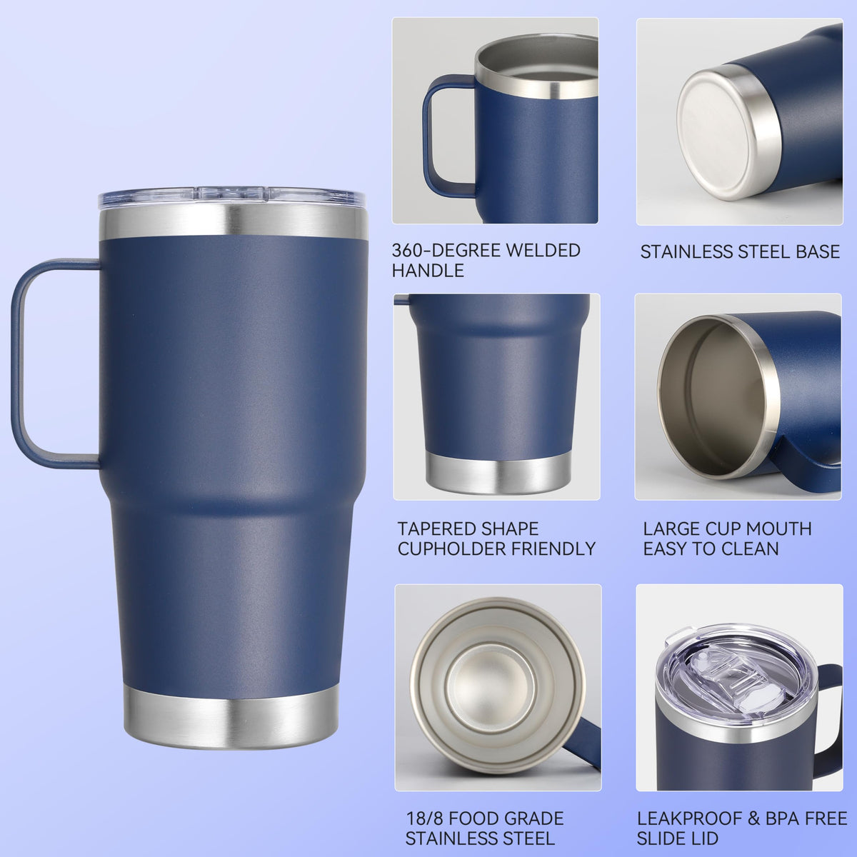 20 oz Stainless Steel Tumbler with Handle Bulk Metal Insulated Tumblers Travel Coffee Mug with Handle Double Wall Tumbler Cup with Lid and Straw (6 Count)