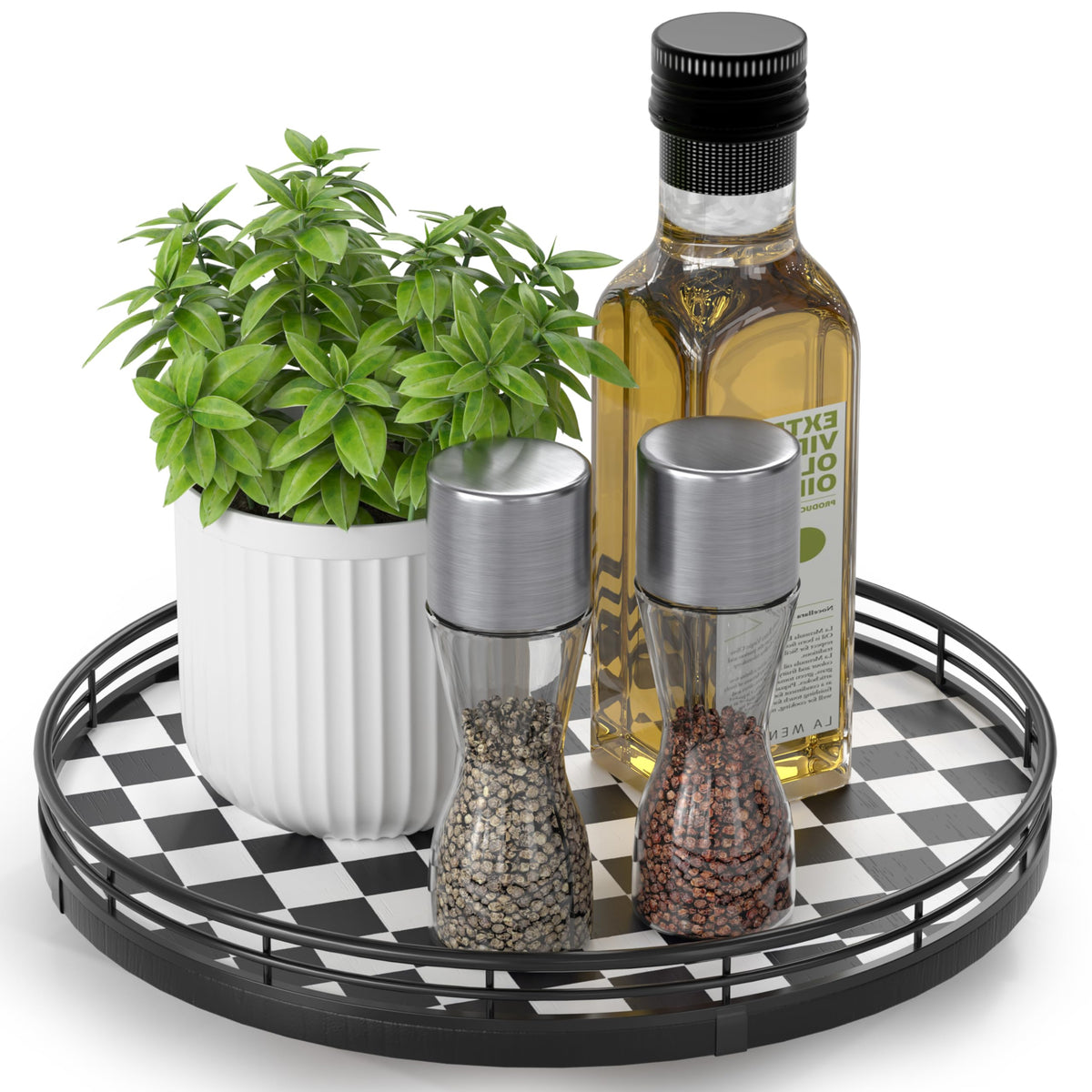 10 Inch Black and White Checkerboard Lazy Susan with Oak Base