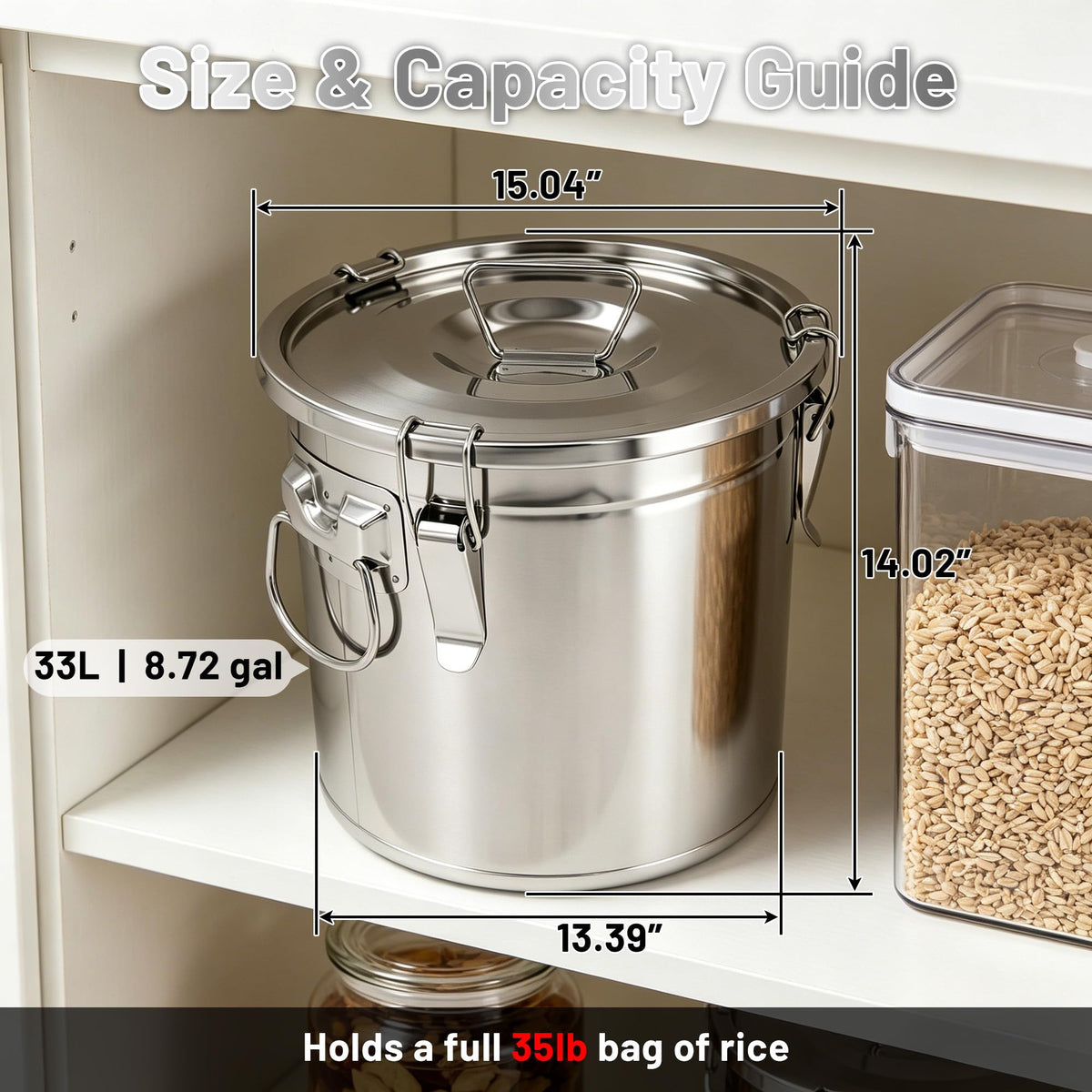 304 Stainless Steel Airtight Food Storage Container with Locking Lid & Clips 8.72gal