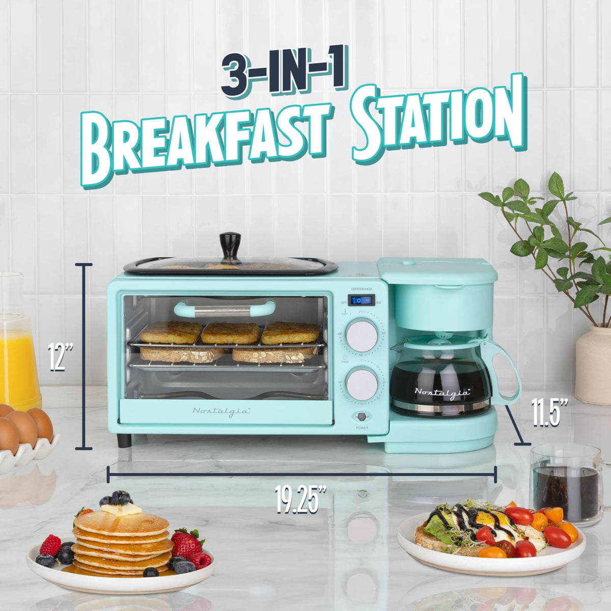 3-in-1 Retro Breakfast Station - Includes 5 (4 Oz) Cup Coffee Maker, Non-Stick Ceramic Griddle, and 4-Slice Toaster Oven - Built-In Timer, Reusable Coffee Filter, Space-Saving Design - Aqua
