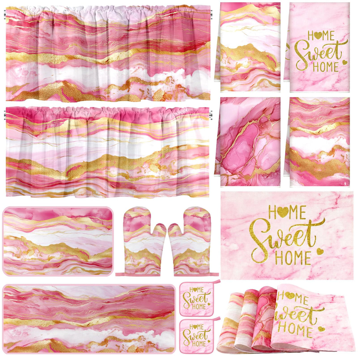 16 Pcs Pink Marble Kitchen Decor Set 4 Marble Kitchen Towels 2 Non Slip Rugs and Mats for Floor 2 Pink Oven Mitts Gloves 2 Pot Holders 4 Placemats 2 Gold Curtains for Home Decoration Gift (16 Count)