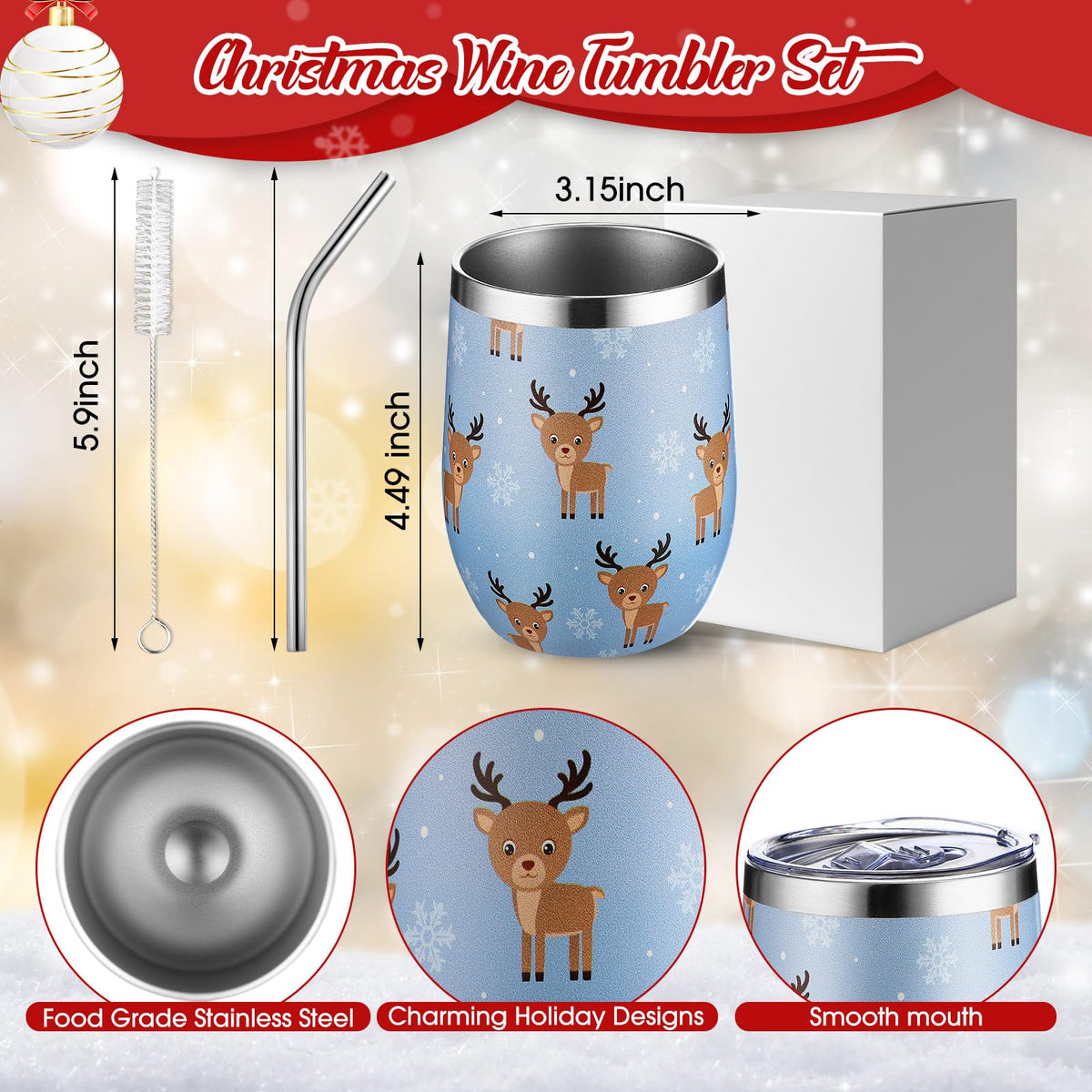12 Sets Christmas Wine Tumbler 12oz Stainless Steel Vacuum Insulated Winter Coffee Mug Stemless Xmas Wine Glasses Holiday Gift for Teacher Coworker Friend Travel Party (12 Count)