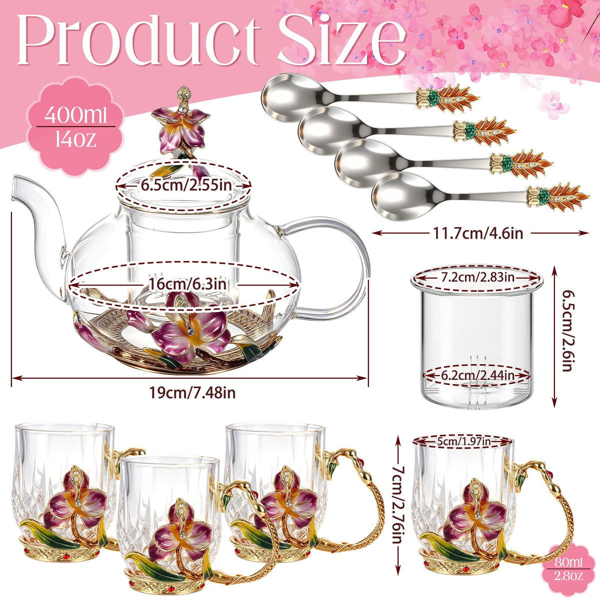 5 Pcs Floral Glass Tea Set (5 Count)