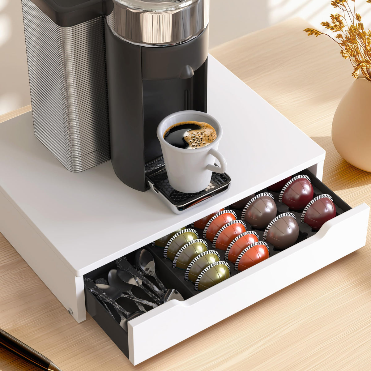 Wood Top Vertuo Pod Holder Drawer with Divider & Side Storage