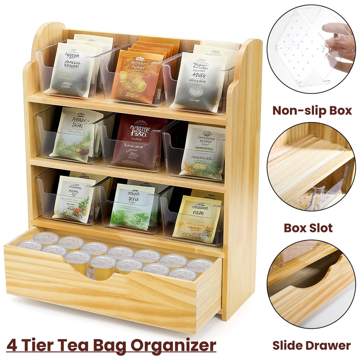 4 Tier Wood Tea Bag Organizer