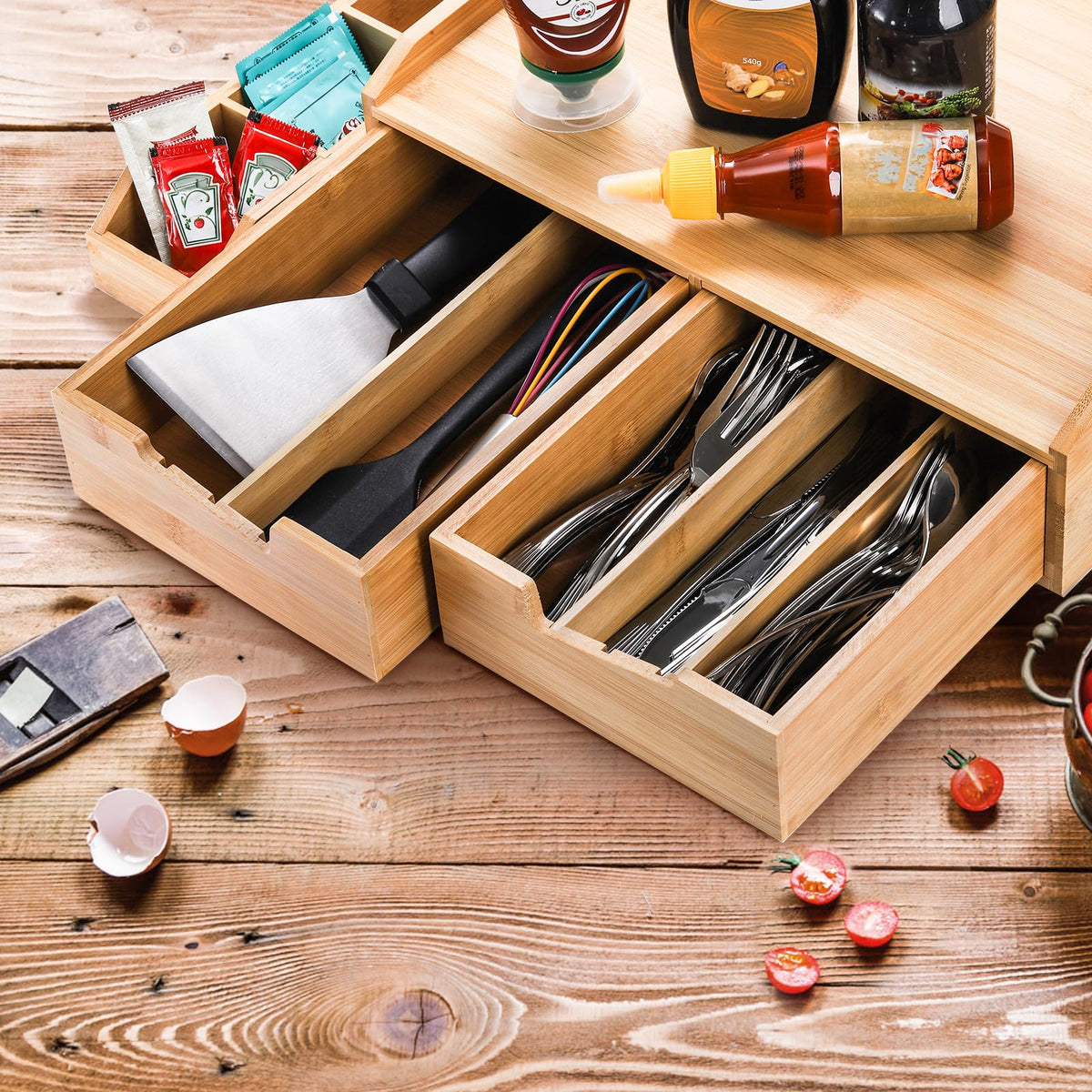 Bamboo 2 Drawer Coffee Pod Organizer with Side Box for K Cup Tea Bag