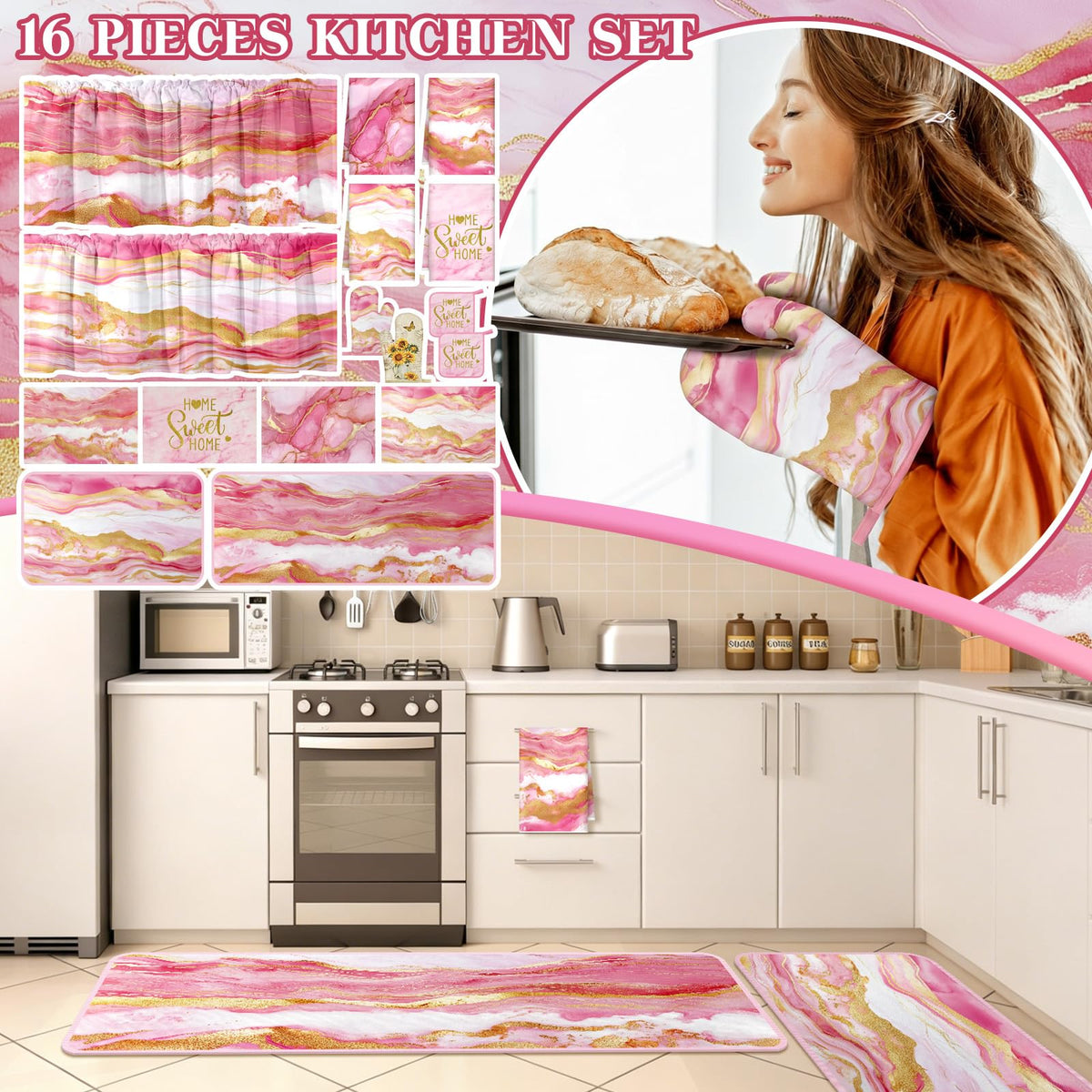 16 Pcs Pink Marble Kitchen Decor Set 4 Marble Kitchen Towels 2 Non Slip Rugs and Mats for Floor 2 Pink Oven Mitts Gloves 2 Pot Holders 4 Placemats 2 Gold Curtains for Home Decoration Gift (16 Count)