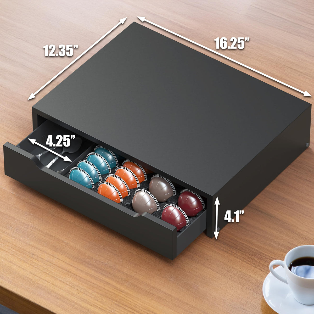 Wood Top Vertuo Pod Holder Drawer with Divider & Side Storage