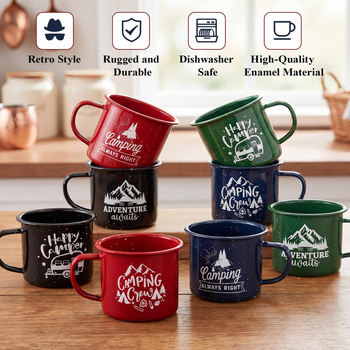 8 Pcs Enamel Camping Mugs 16 oz Outdoor Coffee Cups Nostalgic Speckled Enamelware Mug with Printed Design for Hot Cold Beverages Durable Cup for Happy Camper Adventure Home Travel Beach (8 Count)