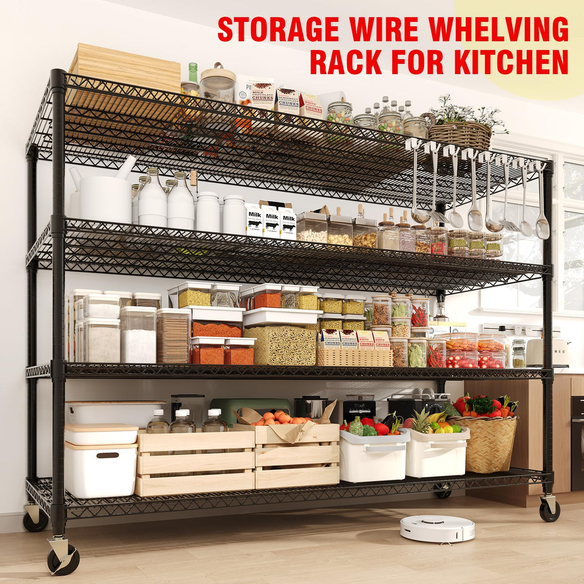 4 Tiers Storage Shelves 2640LBS Heavy Duty Metal Shelves with Wheels