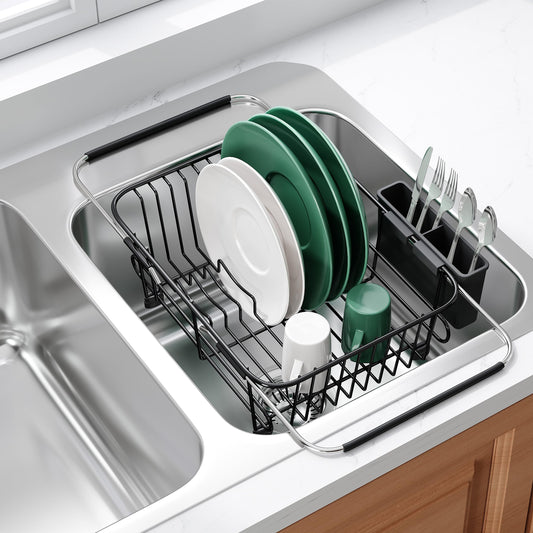 Black Dish Drying Rack in Sink with Utensil Holder