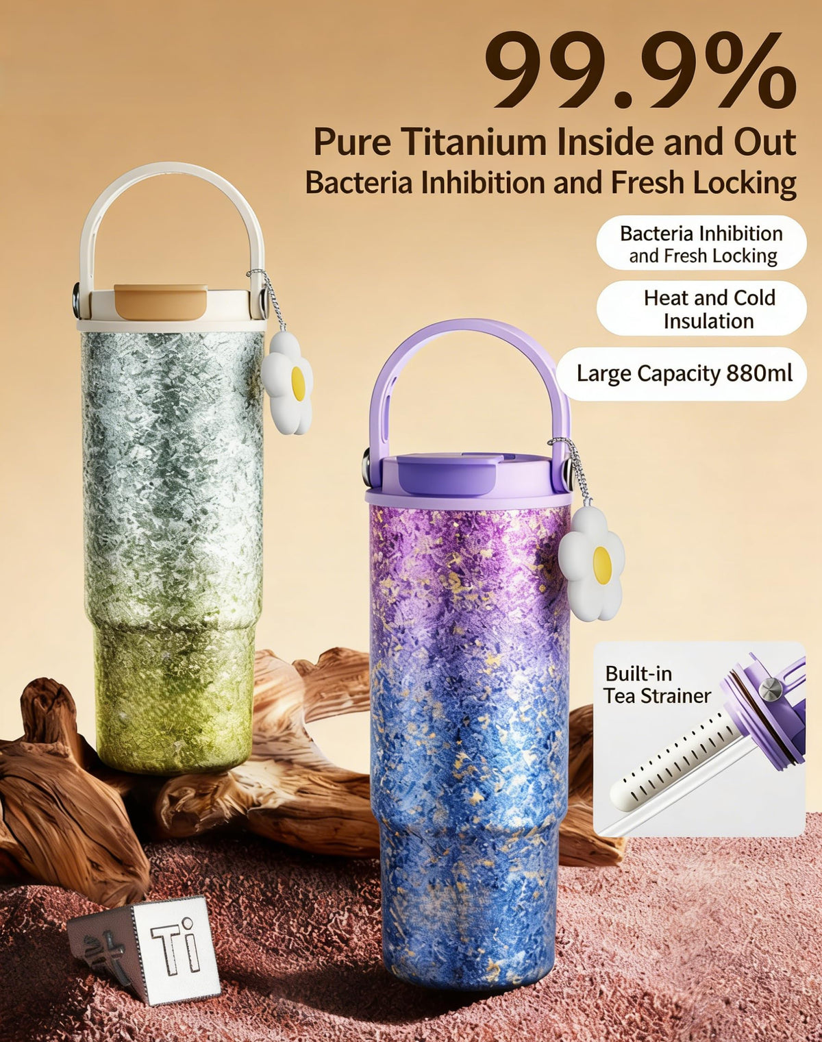 30oz 880ml Titanium Tumbler with Tea Infuser & Straw Lid