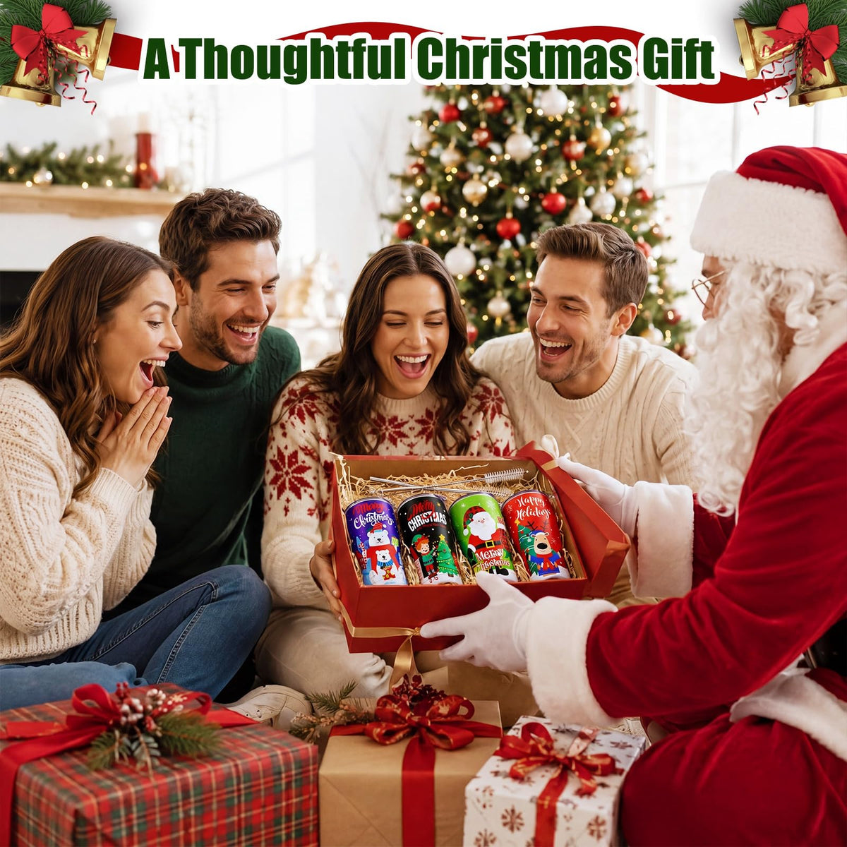 4 Sets 20oz Christmas Tumblers with Lids and Straws Christmas Stainless Steel Tumbler Double Wall Insulated Travel Coffee Mug for Xmas Gift Holiday Family Friend Drinks (4 Count)