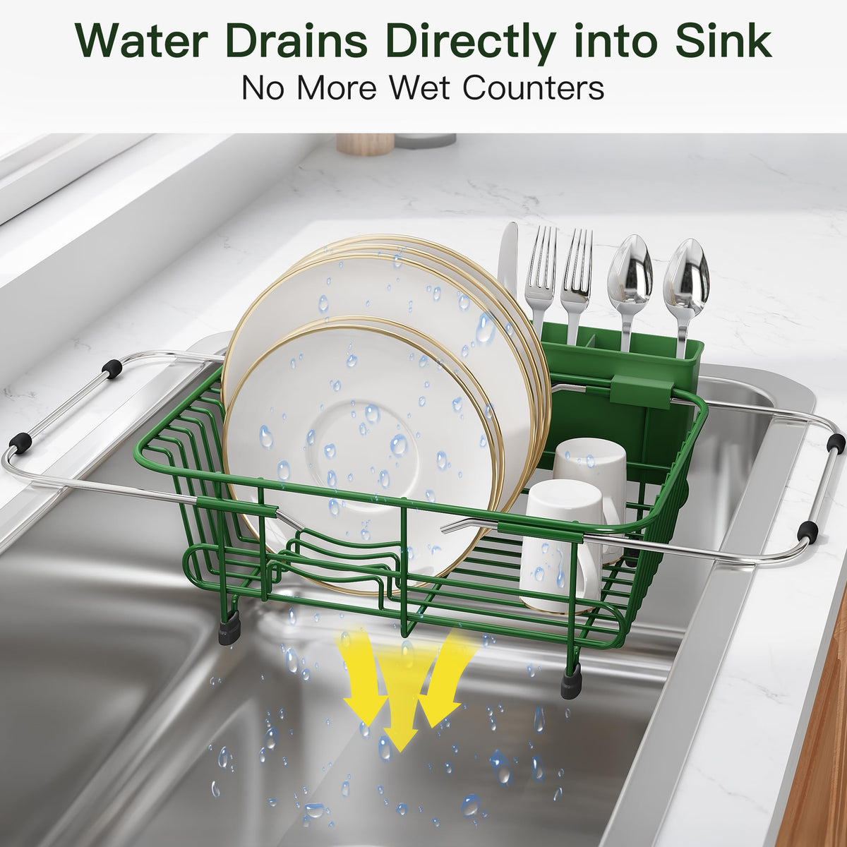 Green Dish Drying Rack in Sink with Utensil Holder
