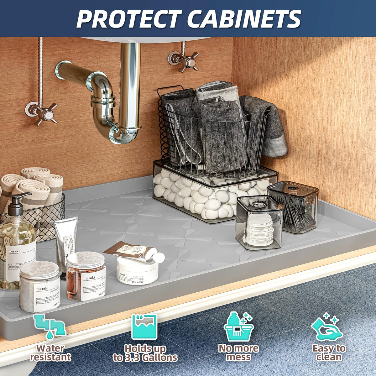 Waterproof Under Sink Mat 34" x 19" Cabinet Protector Silicone Mat