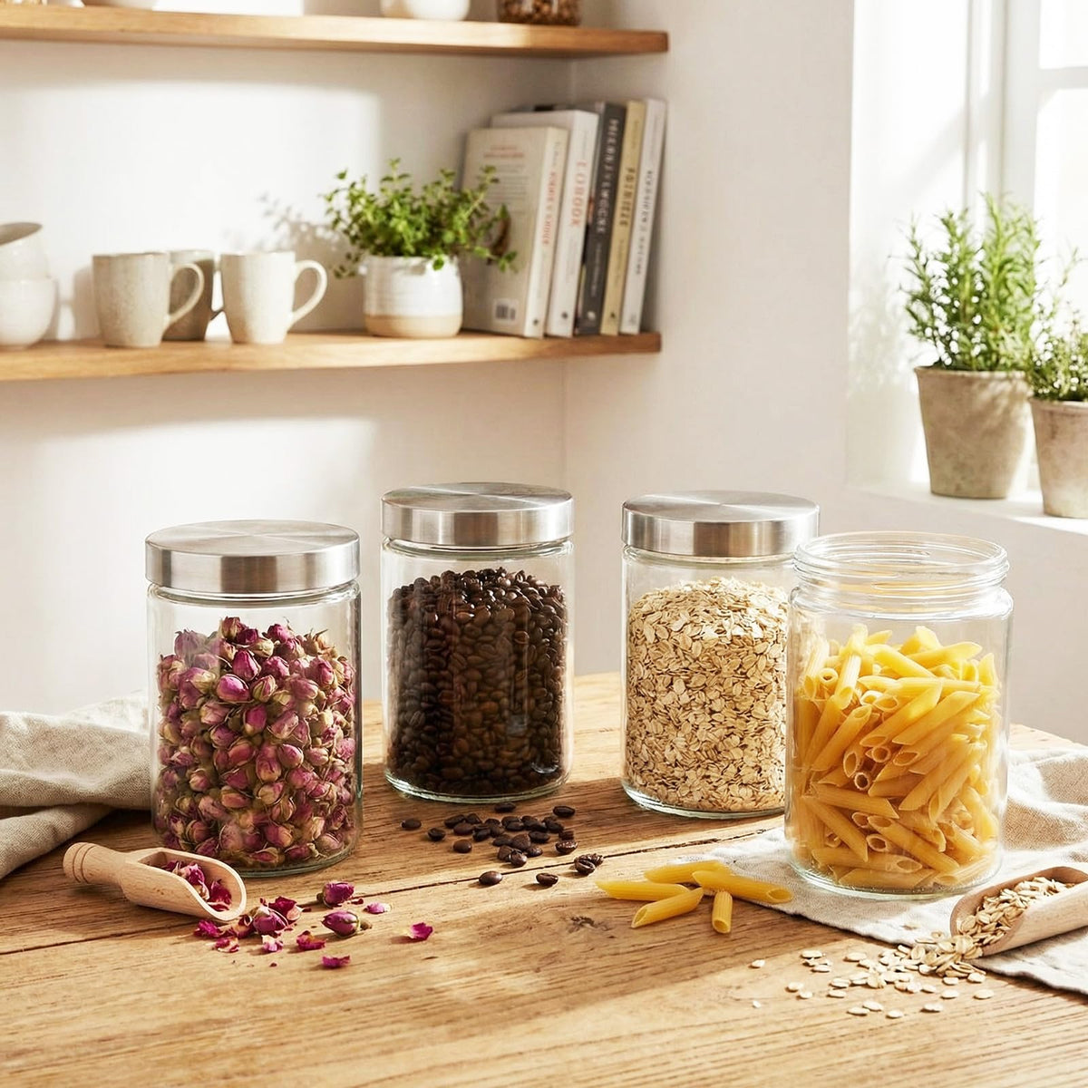 6 Pcs 34 oz Clear Glass Canister Set with Stainless Steel Lids (6 Count)