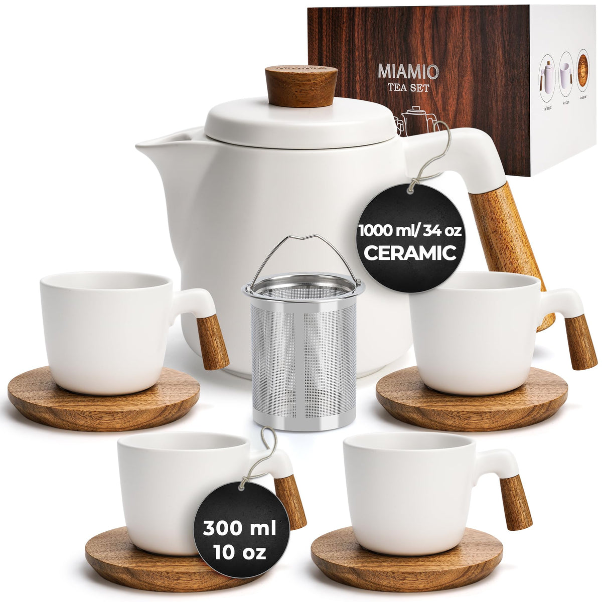 34 Oz Ceramic Tea Pot Set with Infuser and Cups