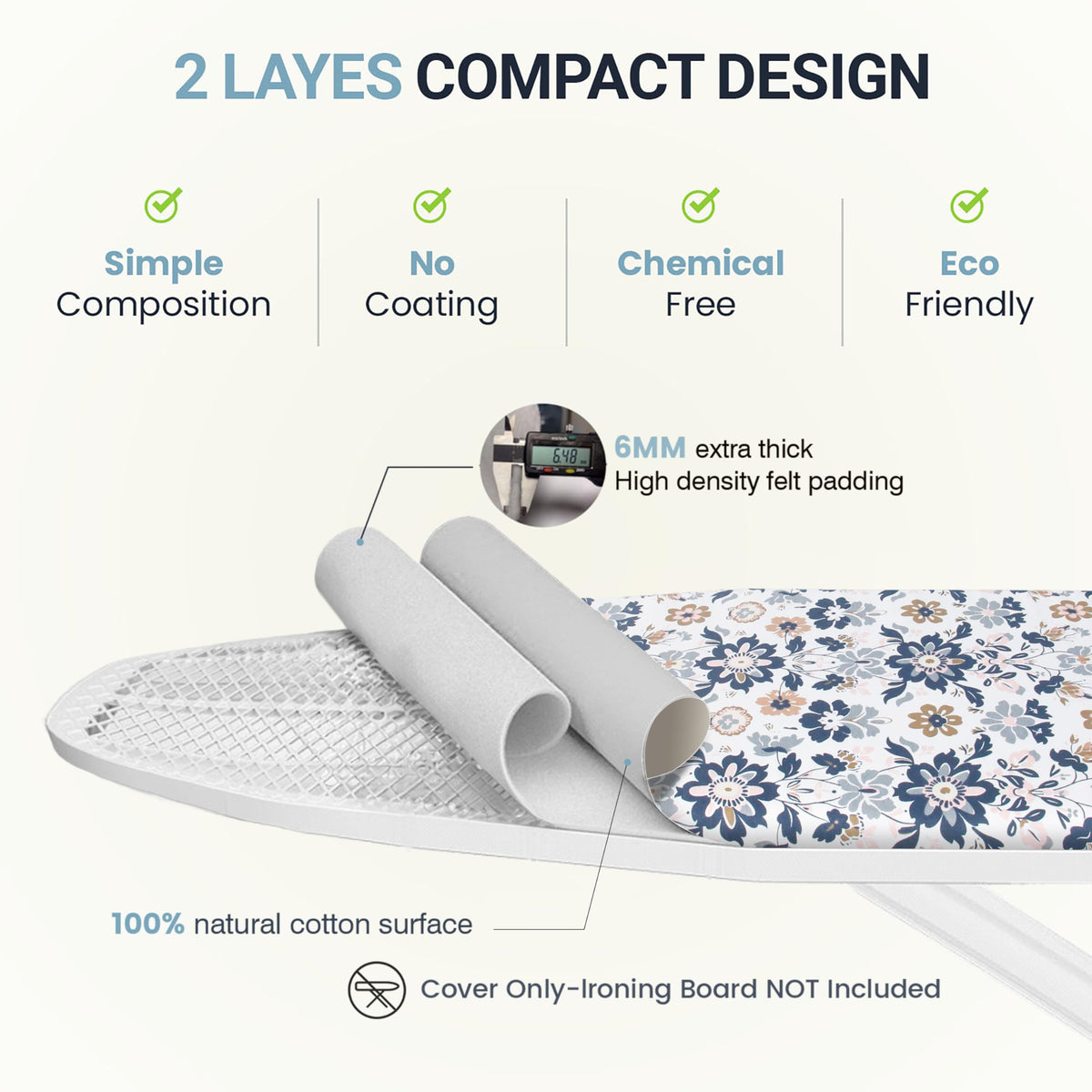 Ironing Board Cover and Pad 18"x54" Extra Thick Natural Cotton