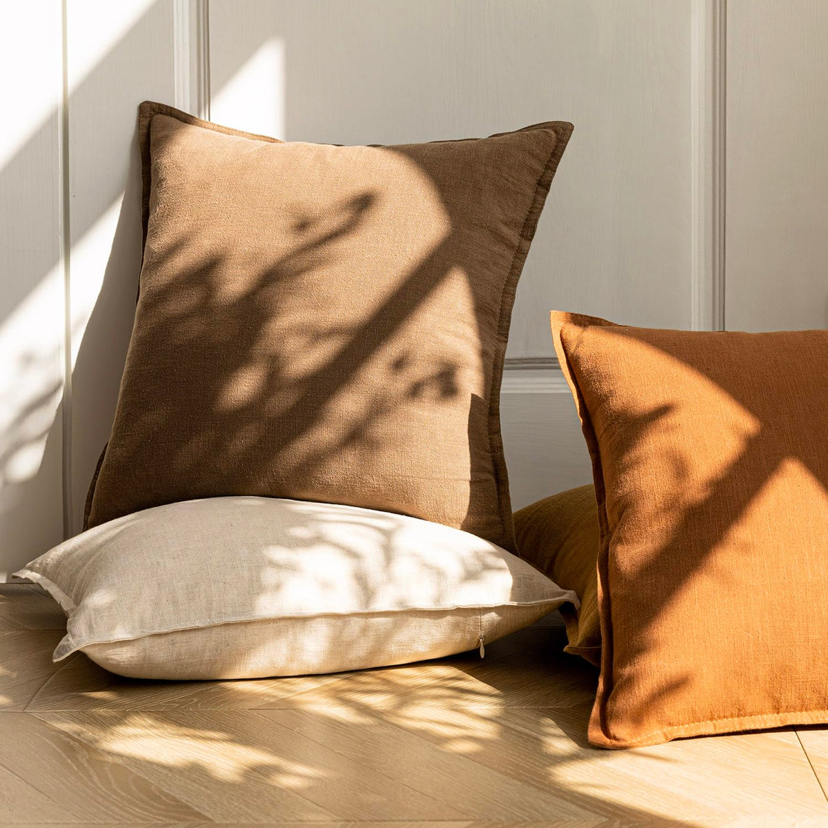 Pack of 2 Decorative Linen Soild Throw Pillow Covers Soft Accent Cushion Case Boho Farmhouse Neutral Pillowcase for Chair Couch Sofa Bedroom Living Room Home Decor 26 x 26 Inch Light Brown (2 Count)