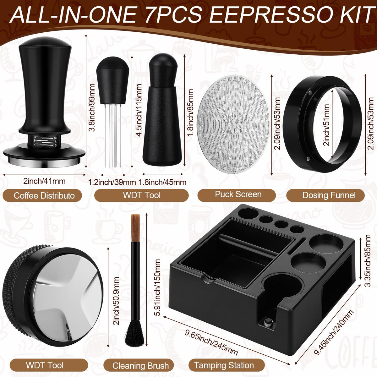 53mm Black 7 Pcs Espresso Accessories Kit with Tamping Station (7 Count)