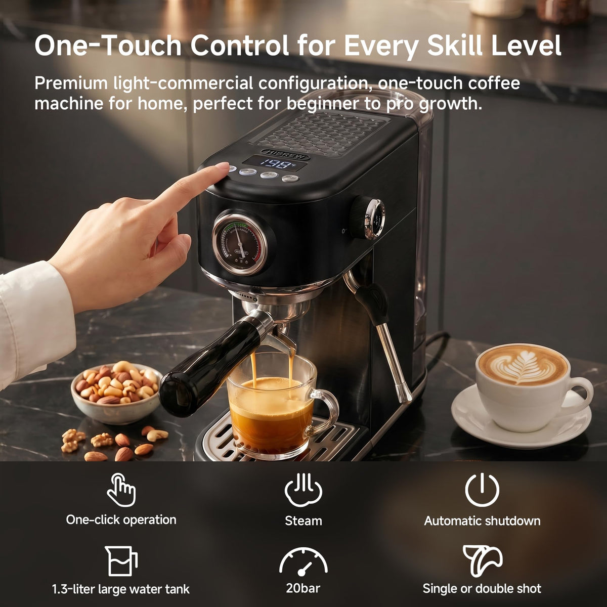 H10B Programmable Espresso Machine with LED Display & Pressure Gauge