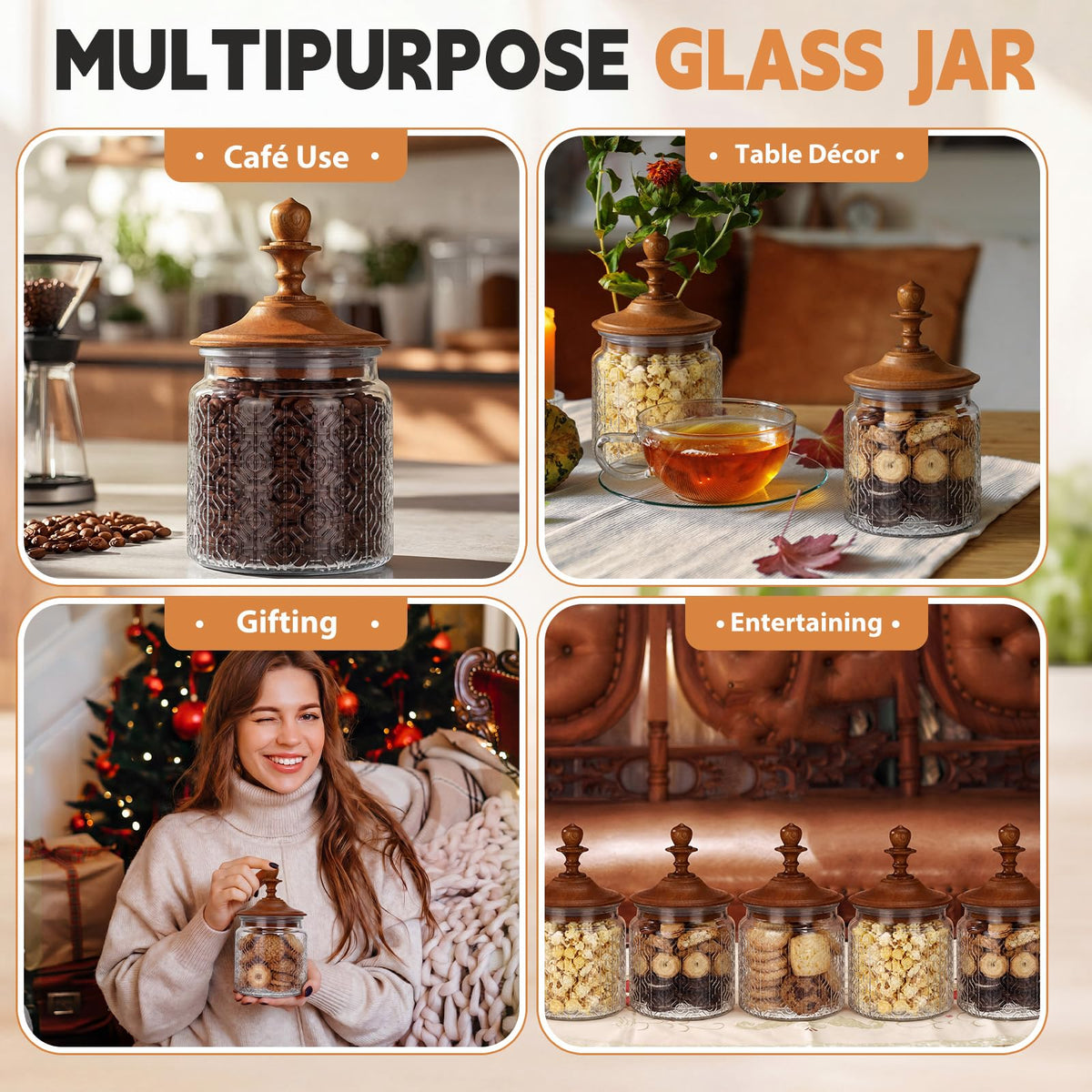 6 Pack 17 oz Glass Spice Jars with Dark Wood Lids Vintage Canisters with Flower Pattern Airtight Food Storage Container for Home Kitchen Tea Coffee Spice Pantry Organization Decorations (6 Count)