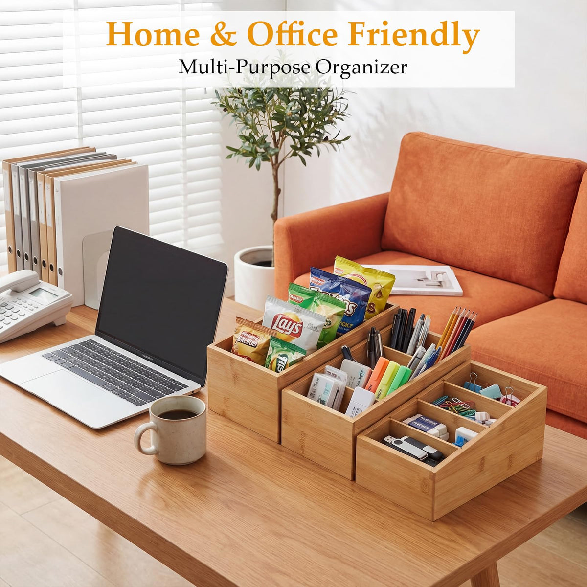 3 Pcs Different Size Bamboo Snack Organizer with Removable Dividers Wooden Storage Bins 4 Stairstep Compartments Pantry Cabinet Farmhouse Kitchen Organizer Bin for Spice Packets Coffee Pods (3 Count)