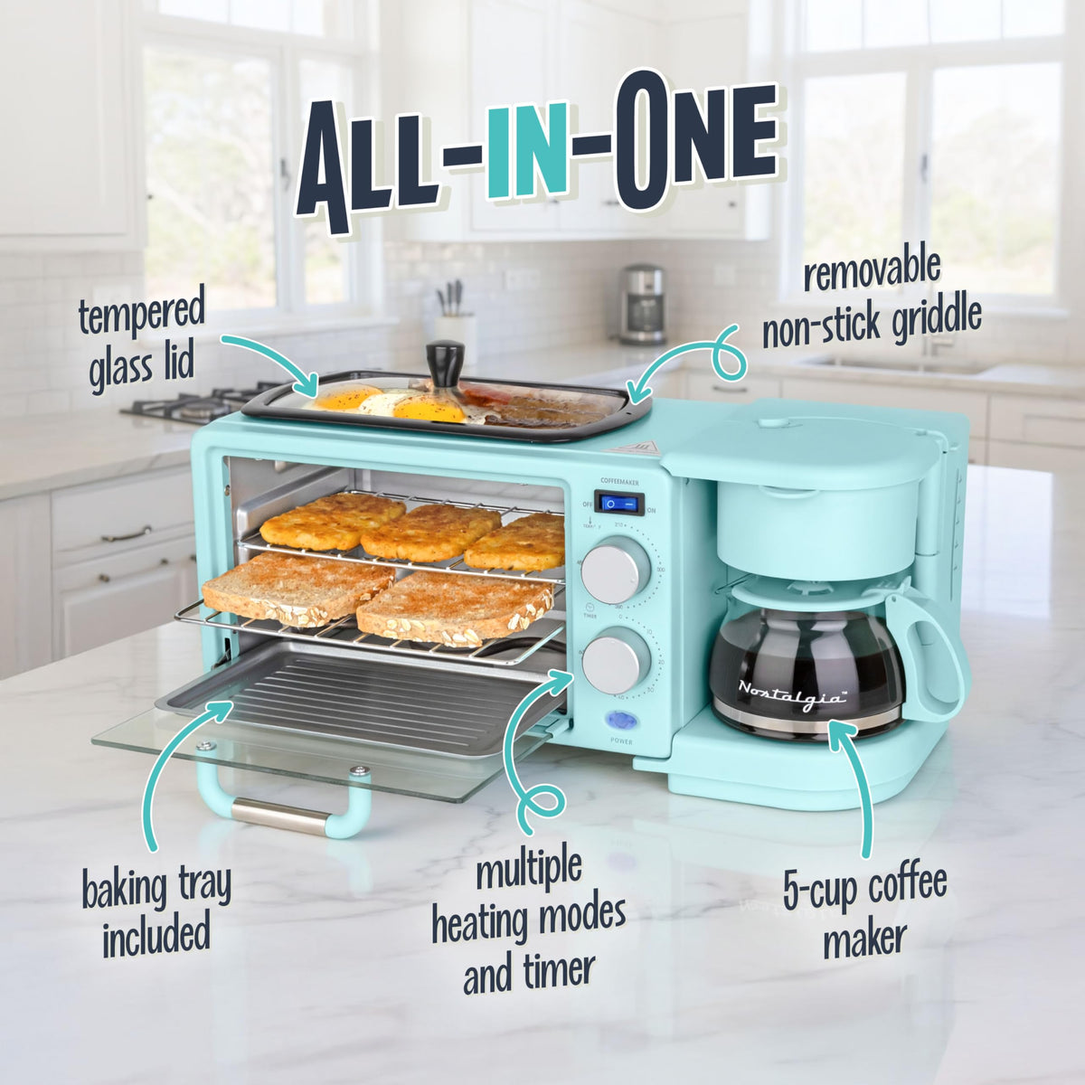 3-in-1 Retro Breakfast Station - Includes 5 (4 Oz) Cup Coffee Maker, Non-Stick Ceramic Griddle, and 4-Slice Toaster Oven - Built-In Timer, Reusable Coffee Filter, Space-Saving Design - Aqua