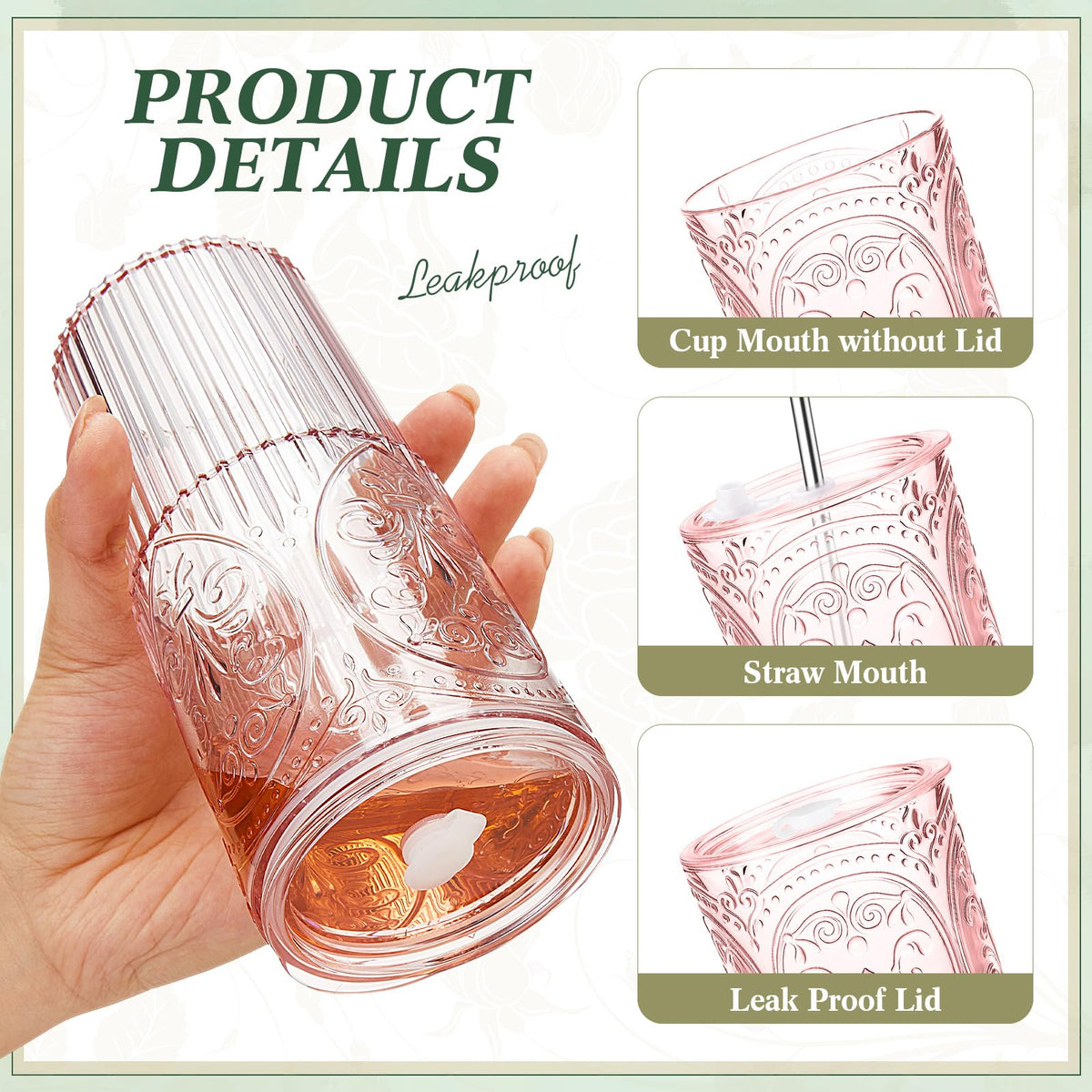 2 Set 20oz Vintage Plastic Tumbler with Lids and Straws Ribbed Floral Drinking Glasses Reusable Iced Coffee Cups for Water Juice Smoothie Cocktail Travel Party Events Gift (2 Count)
