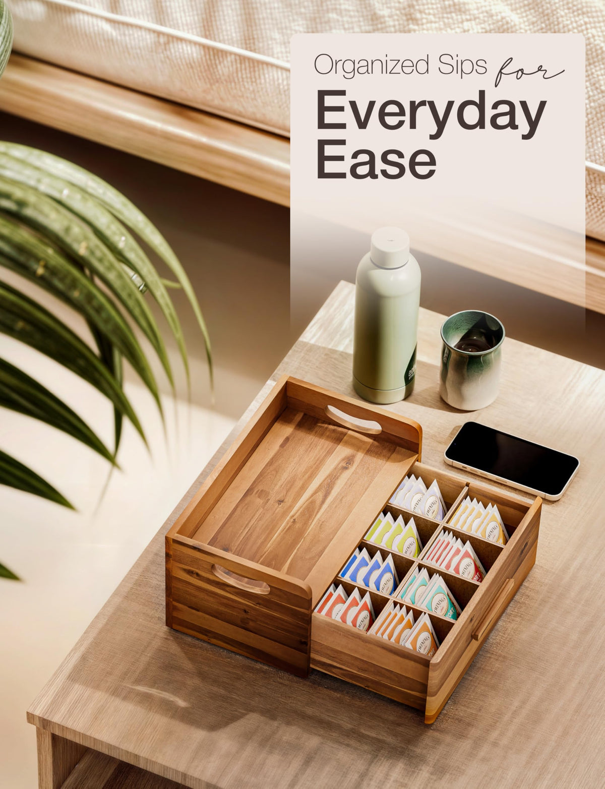 Acacia Wooden Tea Box Organizer with Drawer for Tea & Coffee Storage