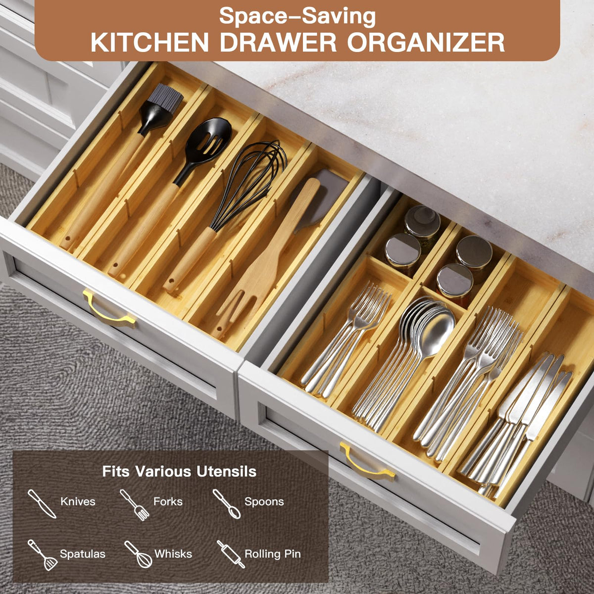 4 Packs Bamboo Drawer Organizer 2 pieces 12.6 * 6inches and 2 pieces 12.6 * 3.2inches