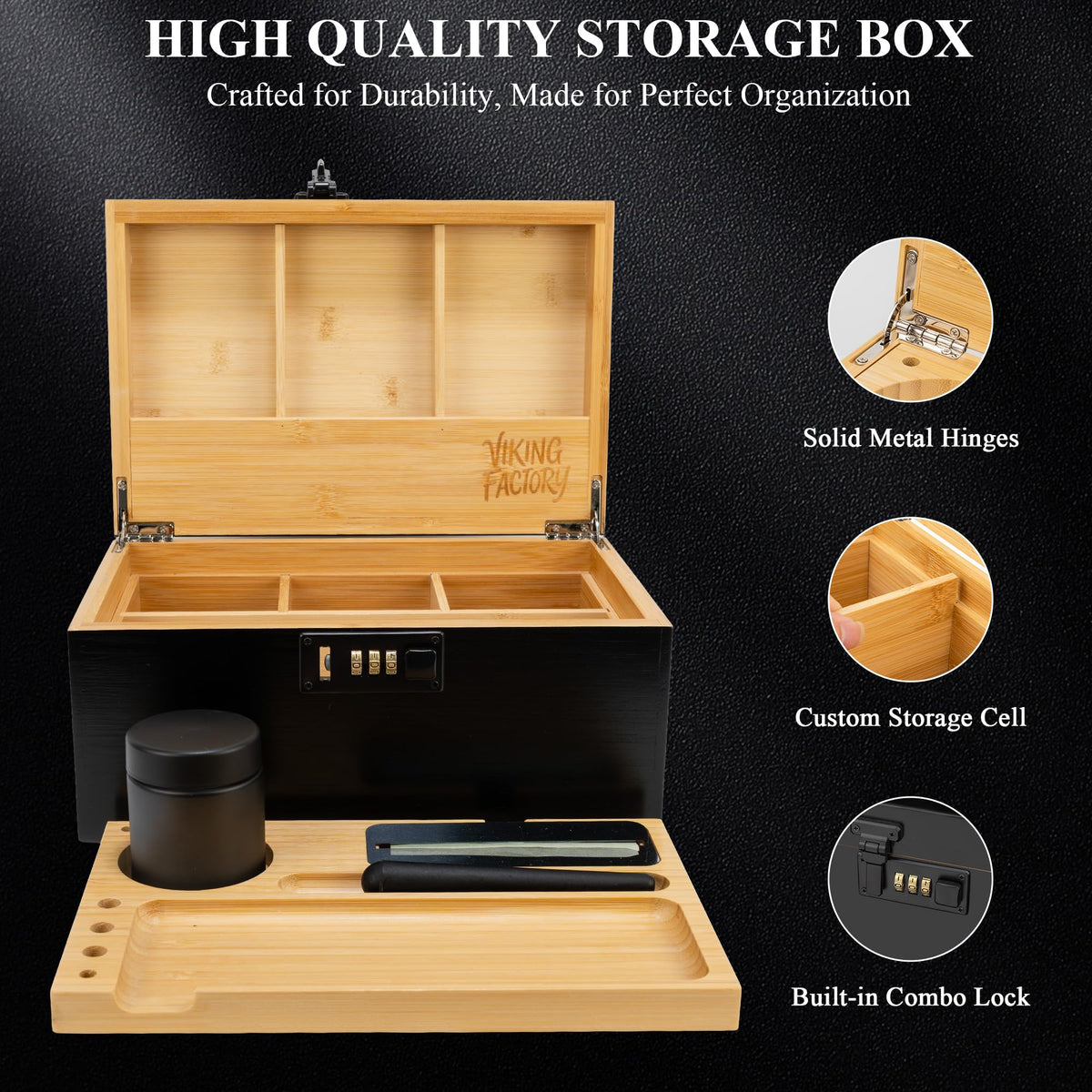 Large Lockable Bamboo Storage Box with Removable Tray and Combination Lock