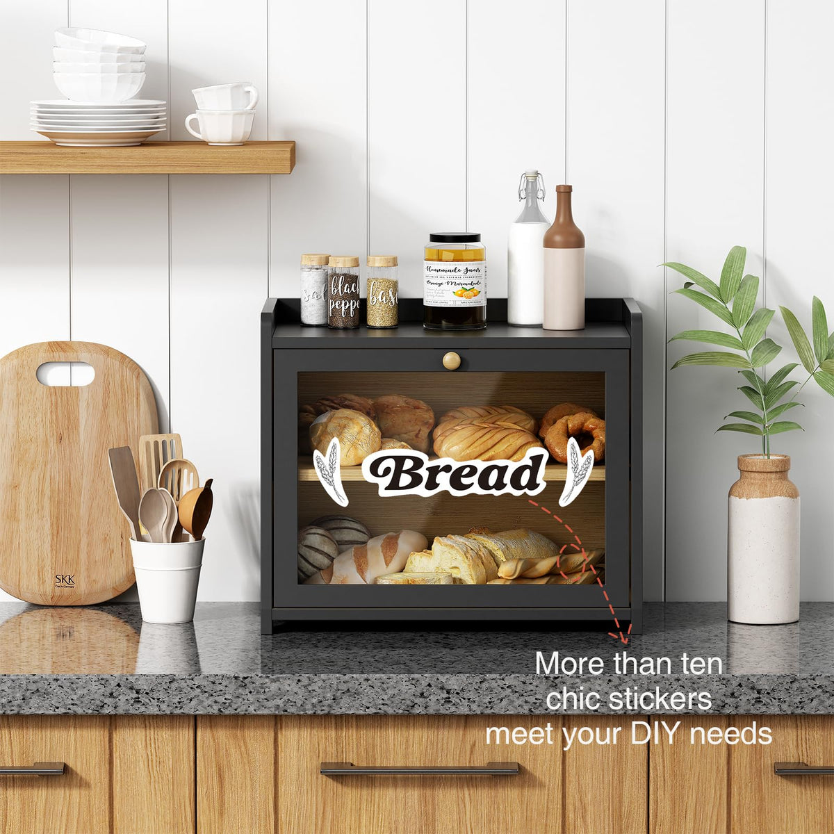 2 Tier Bread Box for Kitchen Countertop Black