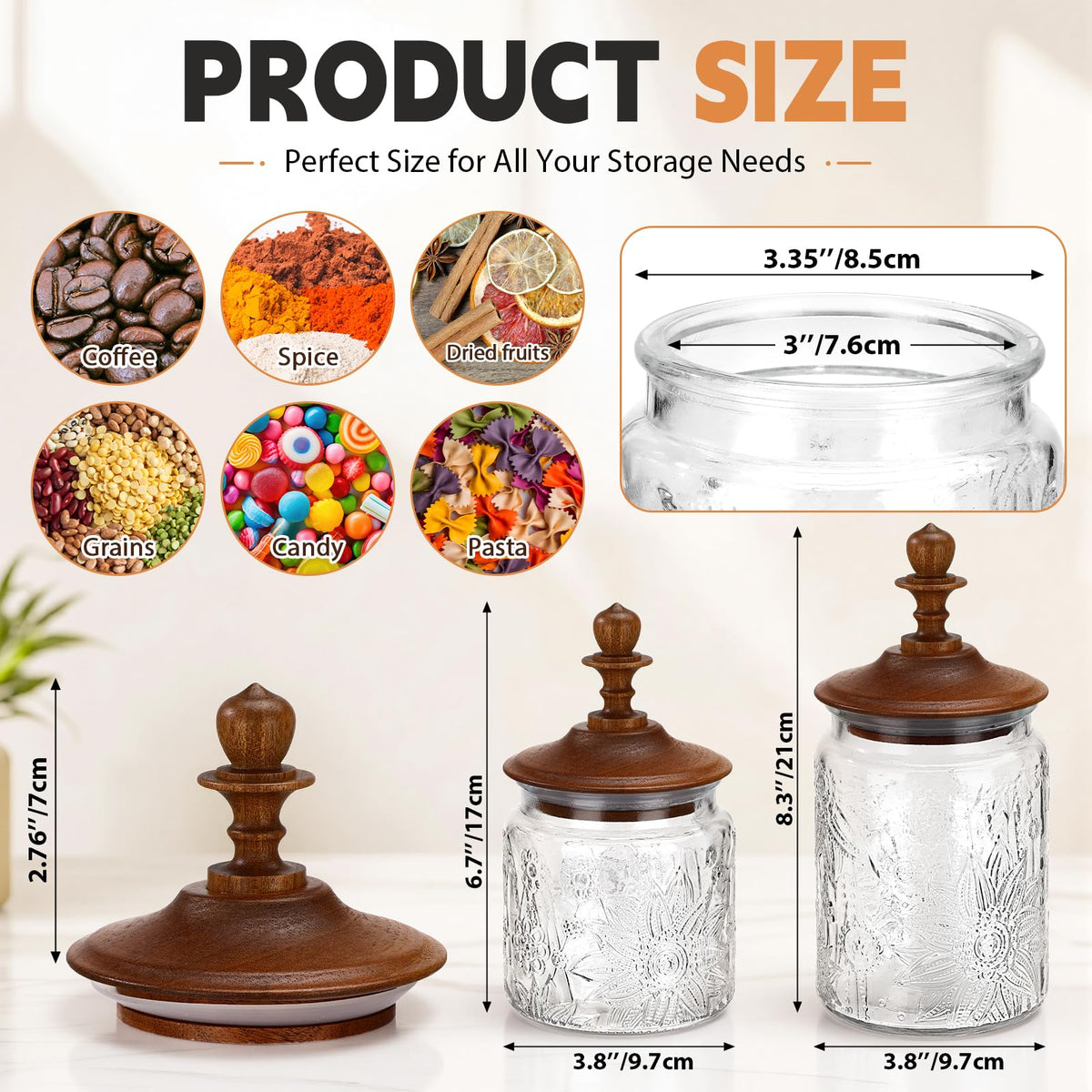 6 Pack 17 oz Glass Spice Jars with Dark Wood Lids Vintage Canisters with Garden Pattern Airtight Food Storage Container for Home Kitchen Tea Coffee Spice Pantry Organization Decorations (6 Count)
