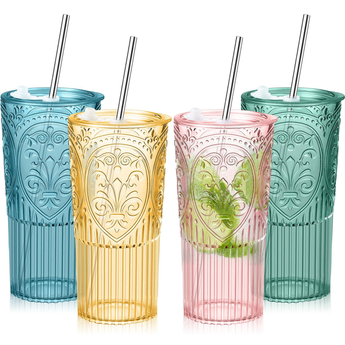4 Set 20oz Vintage Plastic Tumbler with Lids and Straws Ribbed Floral Drinking Glasses Reusable Iced Coffee Cups for Water Juice Smoothie Cocktail Travel Party Events Gift (4 Count)