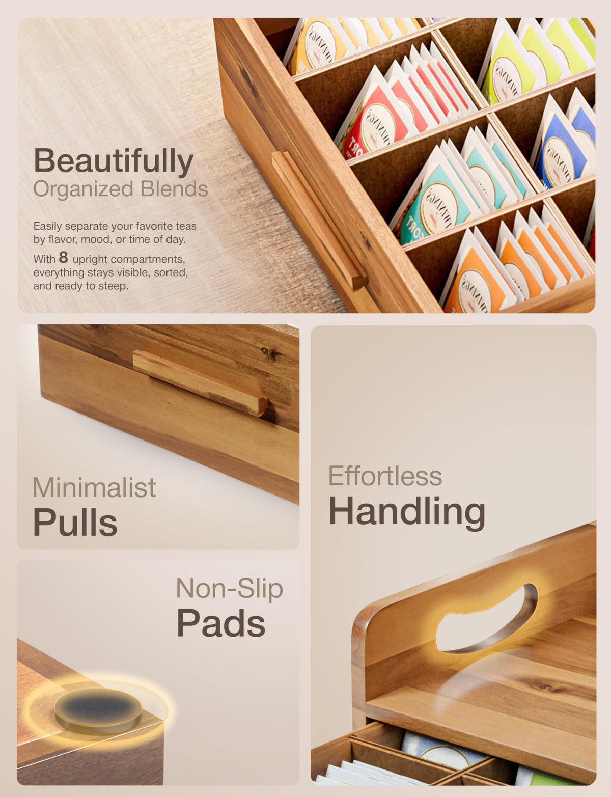 Acacia Wooden Tea Box Organizer with Drawer for Tea & Coffee Storage