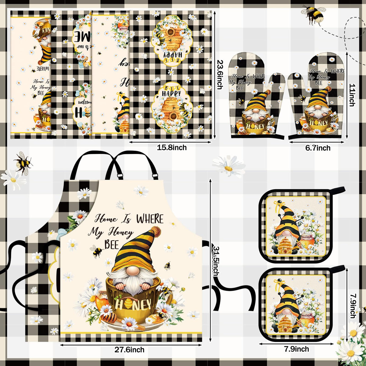 17 Pcs Bee Gnome Kitchen Decor and Accessories Gnome Kitchen Rug and Mat Oven Mitts and Pot Holders Apron Dish Towels Cute Wooden Spoons for Holiday Decoration Home Housewarming Gifts (13 Count)