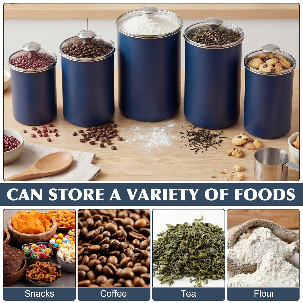 5 Pcs Stainless Steel Canister with Glass Lids Airtight Food Jar Storage Canister Set (5 Count)