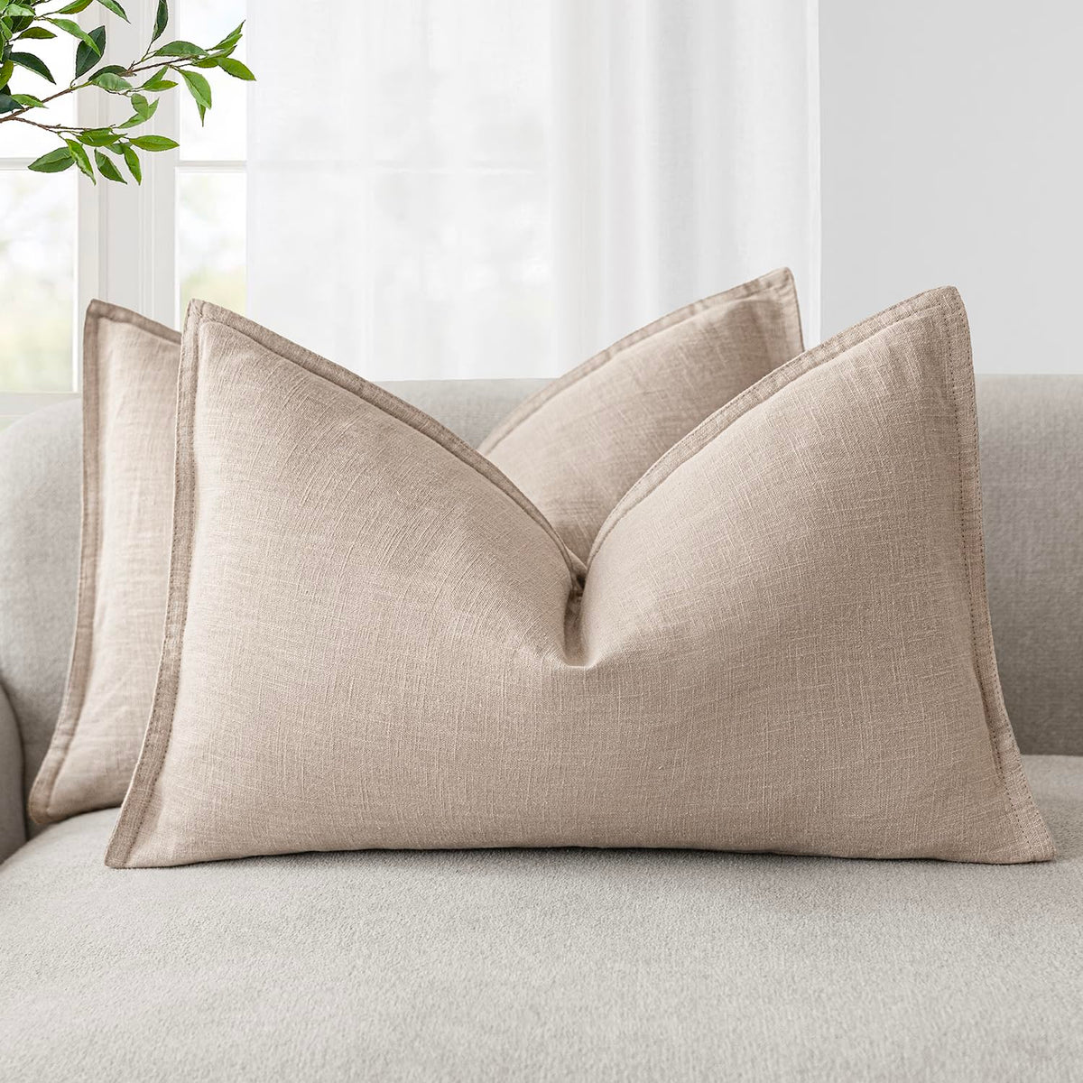 Pack of 2 Decorative Linen Solid Throw Pillow Covers Accent Lumbar Cushion Case Boho Farmhouse Pillowcase for Chair Couch Sofa Bedroom Living Room Home Decor 12 x 20 Inch Tan Beige (2 Count)
